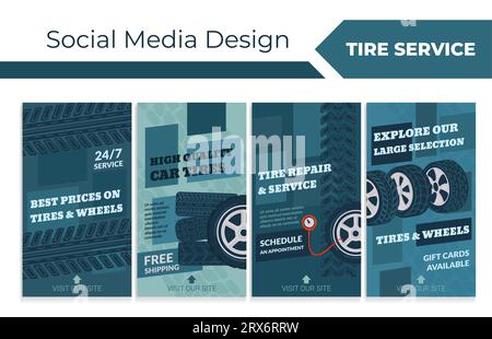 Set di banner sui social media con promozione sui servizi pneumatici Illustrazione Vettoriale