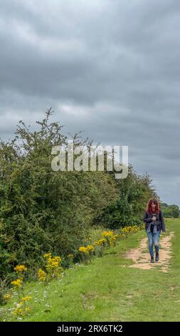 Ragazza che cammina verso la macchina fotografica lungo un sentiero accanto a una siepe a Trentside, Gunthorpe, Nottingham, Inghilterra, Regno Unito Foto Stock