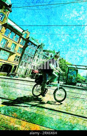 immagine surreale e psichedelica testurizzata della fotografia di strada di un uomo in bicicletta Foto Stock