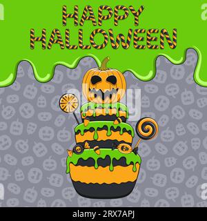 Buon biglietto di Halloween con torta, zucca, melma, caramelle. Illustrazione vettoriale a colori. Illustrazione Vettoriale