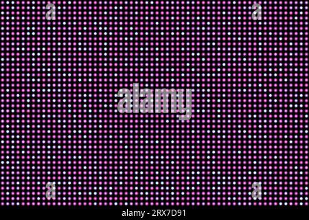 Piccoli cerchi luminosi viola su sfondo nero. Simulazione di un video wall, schermo LED digitale. Illustrazione vettoriale. Ripetizione senza cuciture. Illustrazione Vettoriale