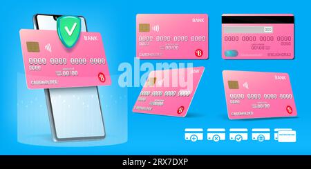 Progettazione di carte di credito 3D. Pagamento bancario al telefono. App di pagamento online. Modello di portafoglio di smartphone. Icone del trasferimento finanziario digitale. Applicazione mobile per conto bancario. Sicurezza delle transazioni. Concetto vettoriale Illustrazione Vettoriale