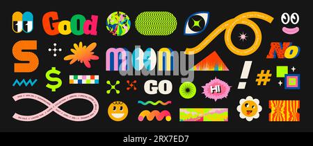 Adesivi di forma. Elementi retrospettivi astratti. Figure grafiche geometriche dei cartoni animati. Tipografia moderna. Di buon umore. Simbolo Smiley. Emoji piatto e luminoso. Occhio e fiore. Nastro con lettere. Set di icone di progettazione vettoriale Illustrazione Vettoriale