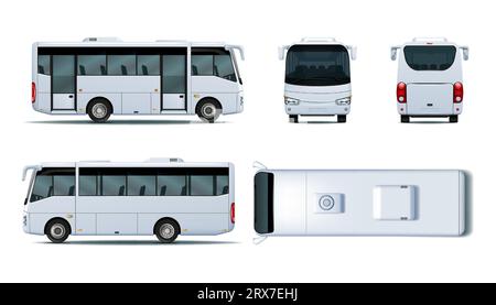 Mockup in minibus. Vista diversa del minibus, lato posteriore, superiore e anteriore. Prototipo di auto 3D, microbus pubblico, porte e finestre, pista bianca per microbus. Branding dei veicoli, identità aziendale. Modello vettoriale Illustrazione Vettoriale