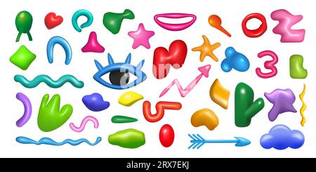 Forme astratte 3D. Doodle arte liquida. Occhio e frecce del cartone animato. Simpatici personaggi geometrici lucidi. Icone semplici di Memphis. Nuvola e stelle. Set di elementi isolati con rendering a colori. Design in plastica vettoriale Illustrazione Vettoriale