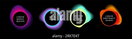 Cerchio gradiente fluido. Sfondo al neon liquido, colori blu e rosso, viola e rosa su sfere nere a onde luminose. Design moderno e alla moda con spazio per la copia del testo. Set di modelli di poster astratti vettoriali Illustrazione Vettoriale