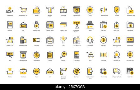 Set di icone e-commerce. Contenente le icone di tracciamento degli ordini, consegna a domicilio, magazzino, corriere e carico. Simbolo di spedizione. Vettore di icone continue Illustrazione Vettoriale