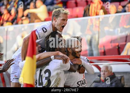 Mechelen, Belgio. 23 settembre 2023. Youssef Maziz dell'OHL festeggia dopo aver segnato punti durante una partita di calcio tra KV Mechelen e OH Leuven, sabato 23 settembre 2023 a Mechelen, il giorno 08 della stagione 2023-2024 della prima divisione del campionato belga "Jupiler Pro League". BELGA PHOTO LAURIE DIEFFEMBACQ Credit: Belga News Agency/Alamy Live News Foto Stock