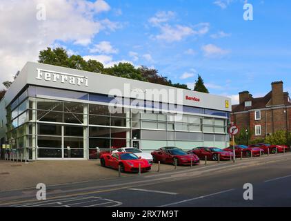 Concessionaria Jardine Ferrari con Ferrari parcheggiate sul piazzale Sevenoaks Kent Inghilterra Regno Unito Foto Stock