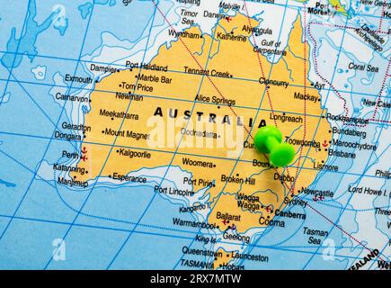 Questa immagine mostra la posizione dell'Australia su una mappa del mondo Foto Stock