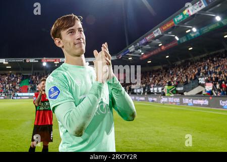 Nijmegen, Paesi Bassi. 23 settembre 2023. NIJMEGEN, PAESI BASSI - 23 SETTEMBRE: Il portiere Robin Roefs del NEC celebra la vittoria delle sue squadre durante l'Eredivisie match olandese tra NEC e FC Utrecht a Goffertstadion il 23 settembre 2023 a Nijmegen, Paesi Bassi. (Foto di Broer van den Boom/Orange Pictures) credito: Orange Pics BV/Alamy Live News Foto Stock