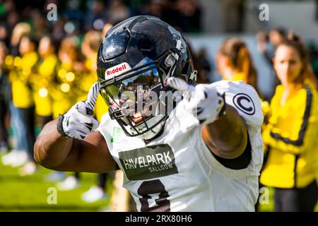 Schwaebisch Hall Germania. 23 settembre 2023. Erima GFL / German Football League,Viertelfinal gioco: Schwäbisch Hall Unicorns - Berlin Rebels nell'Optima Sportpark di Schwaebisch Hall Germania il 23. 09. 2023, Berlin Rebels / RB # 9 Tyrese Johnson Fisher Credit: Frank Baumert/Alamy Live News Foto Stock