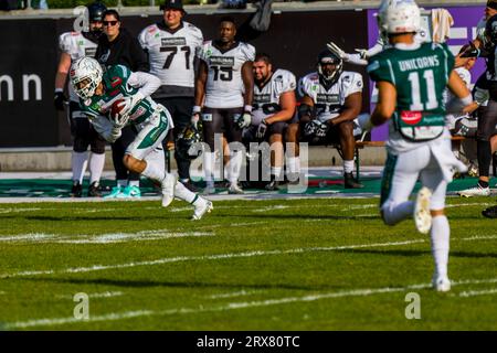 Schwaebisch Hall Germania. 23 settembre 2023. Erima GFL / German Football League,Viertelfinal gioco: Schwäbisch Hall Unicorns - Berlin Rebels nell'Optima Sportpark di Schwaebisch Hall Germania il 23. 2023, WR # 5 Tyler Rutenbeck/Schwaebisch Hall Unicorns Credit: Frank Baumert/Alamy Live News Foto Stock