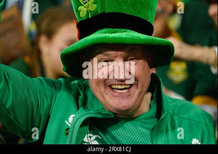 Julien Mattia/le Pictorium - partita di Coppa del mondo di rugby Sud Africa, Irlanda. 16 settembre 2023. Francia/Seine-Saint-Denis/Saint-Denis - i tifosi del Team Irlanda durante il primo confronto tra Sud Africa e Irlanda alla Coppa del mondo di rugby, Stade de France, 23 settembre 2023. Crediti: LE PICTORIUM/Alamy Live News Foto Stock