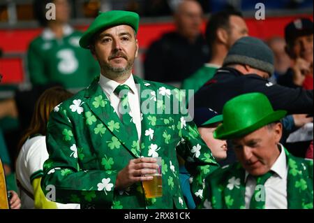 Julien Mattia/le Pictorium - partita di Coppa del mondo di rugby Sud Africa, Irlanda. 16 settembre 2023. Francia/Seine-Saint-Denis/Saint-Denis - i tifosi del Team Irlanda durante il primo confronto tra Sud Africa e Irlanda alla Coppa del mondo di rugby, Stade de France, 23 settembre 2023. Crediti: LE PICTORIUM/Alamy Live News Foto Stock