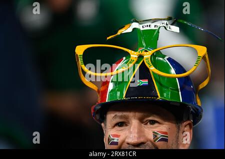 Julien Mattia/le Pictorium - partita di Coppa del mondo di rugby Sud Africa, Irlanda. 16 settembre 2023. Francia/Seine-Saint-Denis/Saint-Denis - tifosi di Springbok durante il primo confronto tra Sudafrica e Irlanda alla Coppa del mondo di rugby, allo Stade de France, il 23 settembre 2023. Crediti: LE PICTORIUM/Alamy Live News Foto Stock