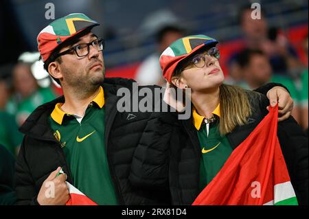 Julien Mattia/le Pictorium - partita di Coppa del mondo di rugby Sud Africa, Irlanda. 16 settembre 2023. Francia/Seine-Saint-Denis/Saint-Denis - tifosi di Springbok durante il primo confronto tra Sudafrica e Irlanda alla Coppa del mondo di rugby, allo Stade de France, il 23 settembre 2023. Crediti: LE PICTORIUM/Alamy Live News Foto Stock