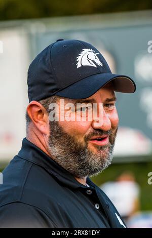 Schwaebisch Hall Germania. 23 settembre 2023. Erima GFL / German Football League,Viertelfinal gioco: Schwäbisch Hall Unicorns - Berlin Rebels nell'Optima Sportpark di Schwaebisch Hall Germania il 23. 2023, Head Coach der Schwaebisch Hall Unicorns/ Christian Rothe Credit: Frank Baumert/Alamy Live News Foto Stock