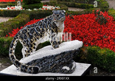 Scultura in mattoni LEGO di animali in via di estinzione provenienti da tutto il mondo - esposta a Sewerby Gardens, East Yorkshire, Inghilterra. Leopardo delle nevi Foto Stock