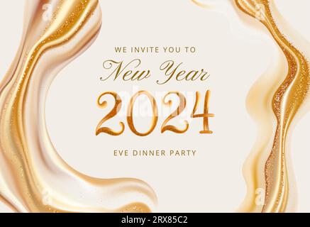 Oro estetico Capodanno 2024 poster dei biglietti d'auguri d'oro glitter sfondo lucido elegante Vector di visualizzazione di bellezza con rendering 3d. Illustrazione Vettoriale