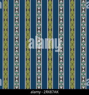 Un motivo a strisce blu e verde brillante con intricati disegni bianchi e verdi Illustrazione Vettoriale