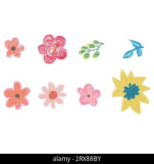 Un mazzo di pennello a matita disegnato a mano di colori diversi produce fiori su uno sfondo bianco Illustrazione Vettoriale