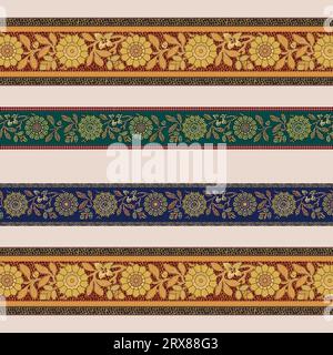 Un vivace motivo a righe con intricati motivi floreali e fogliame Illustrazione Vettoriale