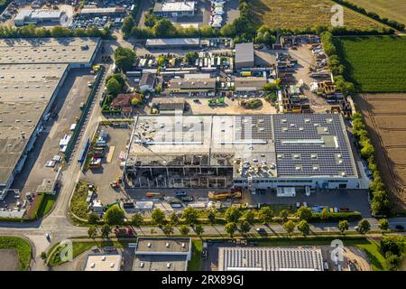 Veduta aerea, Hammer Straße Industrial estate, am Maifeld, Fire Damage Gebhardt-Stahl GmbH Werk 3 Metallverarbeitung, Budberg, Werl, Werl-Unnaer Börde, Foto Stock