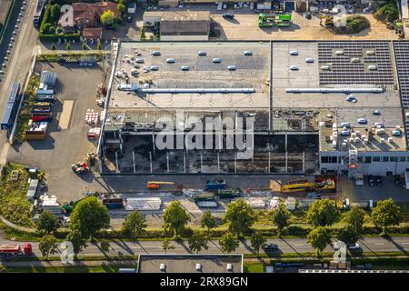 Veduta aerea, Hammer Straße Industrial estate, am Maifeld, Fire Damage Gebhardt-Stahl GmbH Werk 3 Metallverarbeitung, Budberg, Werl, Werl-Unnaer Börde, Foto Stock