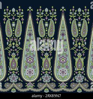 Un vivace motivo paisley su sfondo scuro, bordi ripetuti e senza cuciture Illustrazione Vettoriale