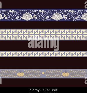 Un set di quattro bordi decorativi in blu e bianco Illustrazione Vettoriale