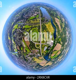 Vista aerea, Ruhrgolf Golf Course Heven, presso la superstrada A43, Kemnader SEE, globo, fisheye shot, scatto a 360 gradi, Tiny World, Heven, Witten, area della Ruhr, Foto Stock