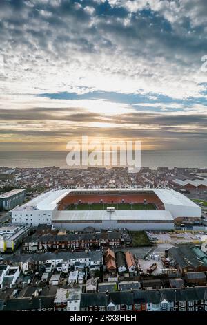 Vista aerea di Bloomfield Road, sede del Blackpool FC. Nel 19th ° secolo era conosciuto come campo di Gamble Foto Stock