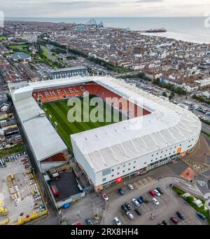 Vista aerea di Bloomfield Road, sede del Blackpool FC. Nel 19th ° secolo era conosciuto come campo di Gamble Foto Stock