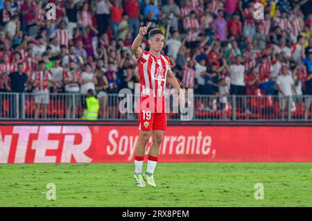 ALMERIA, SPAGNA - 23 SETTEMBRE: Diego Arribas di UD Almeria festeggia il suo gol durante la partita tra UD Almeria e Valencia CF di la Liga EA Sports il 23 settembre 2023 al Power Horse Stadium di Almeria, Spagna. (Foto di Samuel Carreño) credito: PX Images/Alamy Live News Foto Stock