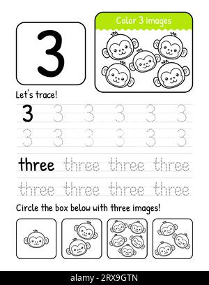 Pagina del foglio di lavoro interno del libro di traccia di Word e Number Three con attività di colorazione e conteggio Illustrazione Vettoriale