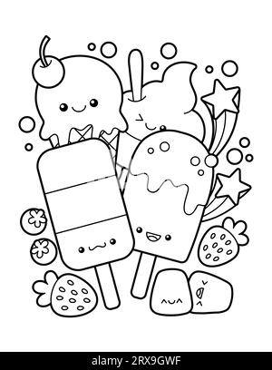 Carino e Kawaii Ice Cream and dessert Coloring Page Illustrazione Vettoriale