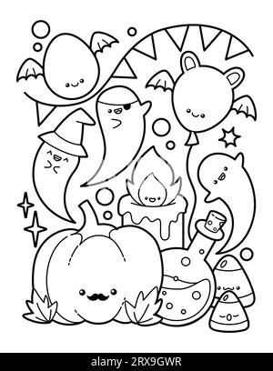 Carino e Kawaii Halloween Coloring Page Illustrazione Vettoriale