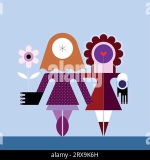 Progettazione geometrica di due figure femminili astratte senza volto, illustrazione vettoriale. Due donne in abiti stanno l'una accanto all'altra, una di loro tiene un flusso Illustrazione Vettoriale