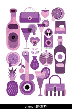 Cocktail, bottiglie di bevande alcoliche, frutta e strumenti musicali. Set di icone vettoriali colorate per poster di cocktail party, volantini, siti Web, ecc. Ognuno acceso Illustrazione Vettoriale