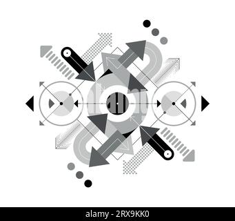 Progettazione di forme geometriche, arrotondamenti e frecce che puntano in direzioni diverse. Immagine vettoriale astratta in scala di grigi isolata su sfondo bianco. Illustrazione Vettoriale