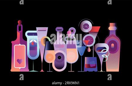 Collezione di diverse bottiglie, cocktail e bicchieri di bevande alcoliche. Le bottiglie e gli occhiali colorati dal design piatto sono disposti in fila su uno sfondo scuro, vec Illustrazione Vettoriale