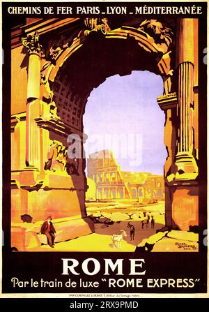 Rome par le train de luxe "Rome Express", poster di viaggio per PLM, 1921 Chemins de fer Paris-Lyon-Méditerranée. Roma, par le train de luxe "Rome Express". Poster di viaggio che pubblicizza la ferrovia Parigi-Lione-Mediterraneo e il treno di lusso Rome Express, di Roger Broders, Roma, 1921. Foto Stock