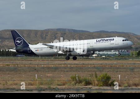 Avión de Línea Airbus A321 de la aerolínea Lufthansa aterrizando Foto Stock