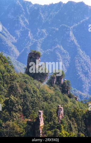 Cattura la bellezza mozzafiato della natura lussureggiante immersa nell'abbraccio delle torreggianti montagne sotto un cielo nuvoloso Foto Stock