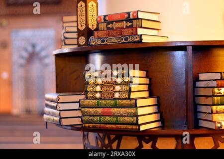 Libri del Sacro Corano di fila in piedi su una mensola di legno all'interno di una moschea, traduzione inglese del testo arabo (il Sacro Nobile Corano), è il centro Foto Stock