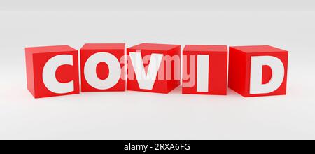 Elegante iscrizione rossa covid su podio grigio, luce soffusa, vista frontale sfondo liscio, rendering 3d. Foto Stock