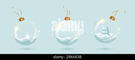 Set di palline di Natale in vetro trasparente. Elementi decorativi natalizi. Illustrazione vettoriale in uno stile 3D realistico Illustrazione Vettoriale