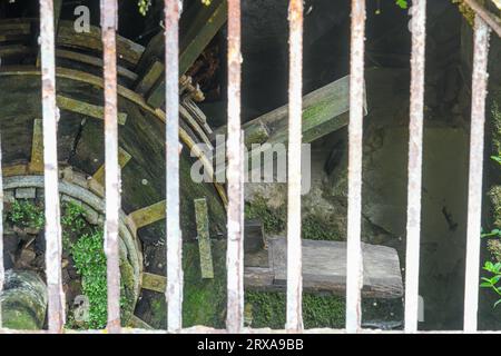 Vecchia turbina in legno della ferriera El Pobal Foto Stock