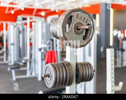 i pesi in palestra nella hall sullo stand, l'allenamento di forza o la resistenza comportano l'esecuzione di esercizi fisici progettati per imp Foto Stock